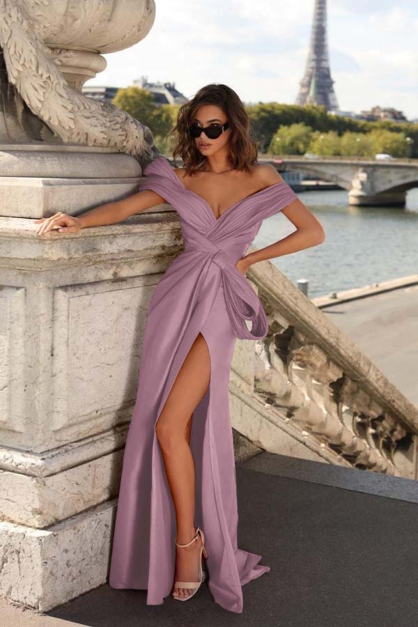 Off the Shoulder Sleeveless Long Mermaid Split Formal Dress With Pleated