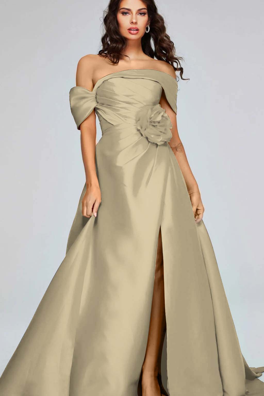 Off the Shoulder Sleeveless Long Split Formal Dress With Pleated