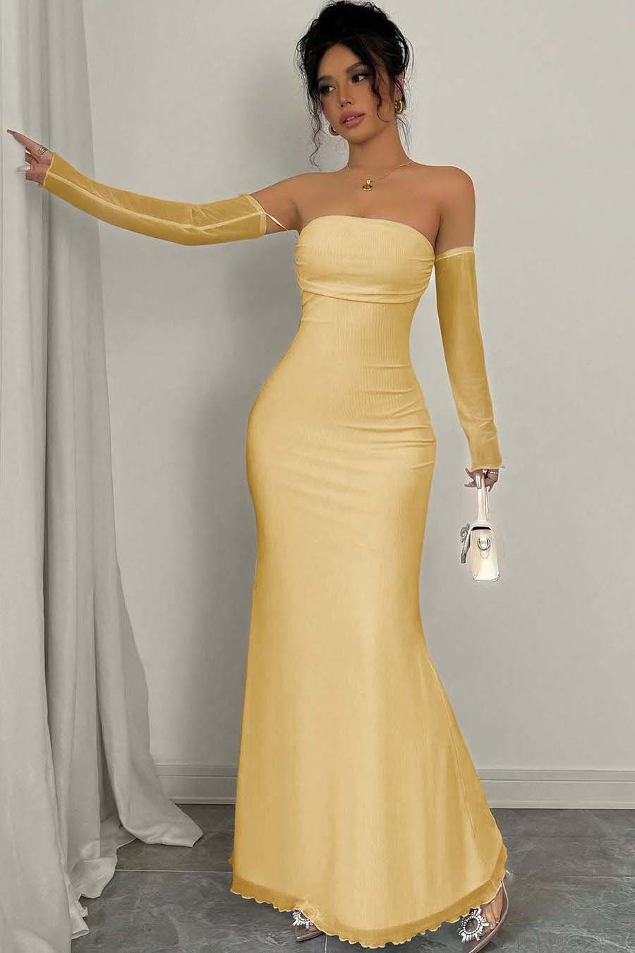 Strapless Long Mermaid Formal Dress With Detachable Sleeves Pleated