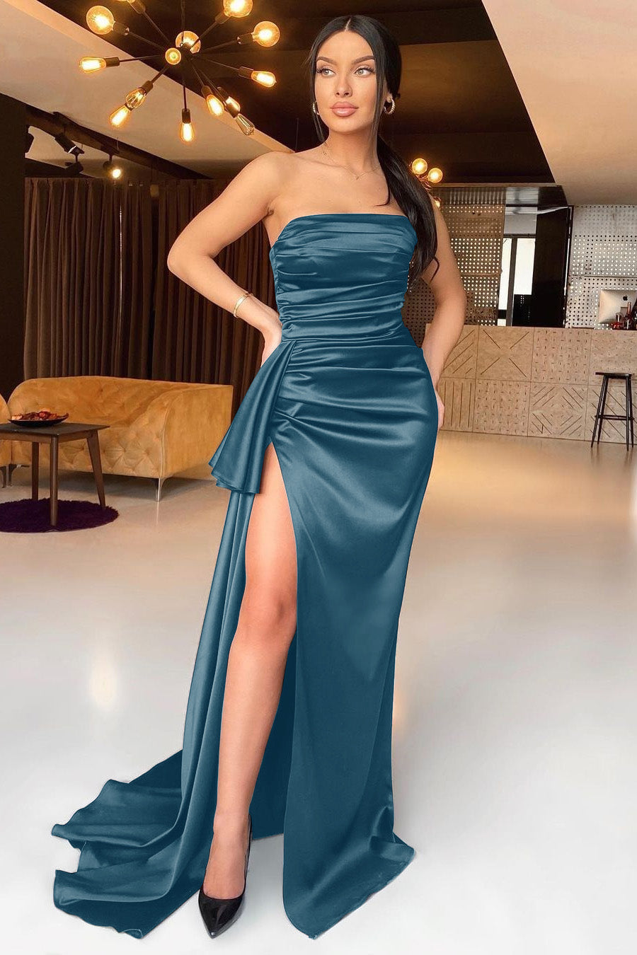 Newinlook Black Mermaid Strapless Evening Dress With Split