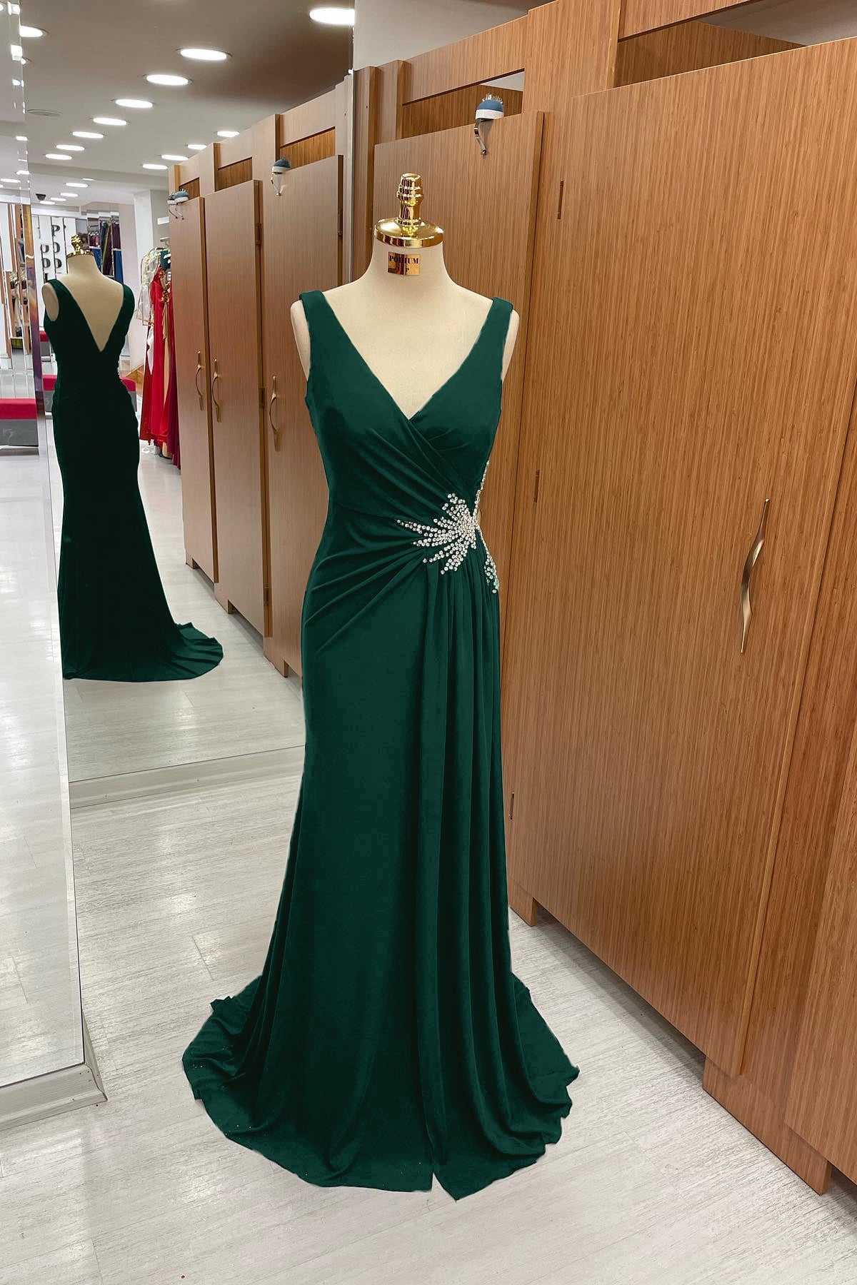 Amazing Dark Navy Straps V Neck Pleated Formal Dress With Rhinestone