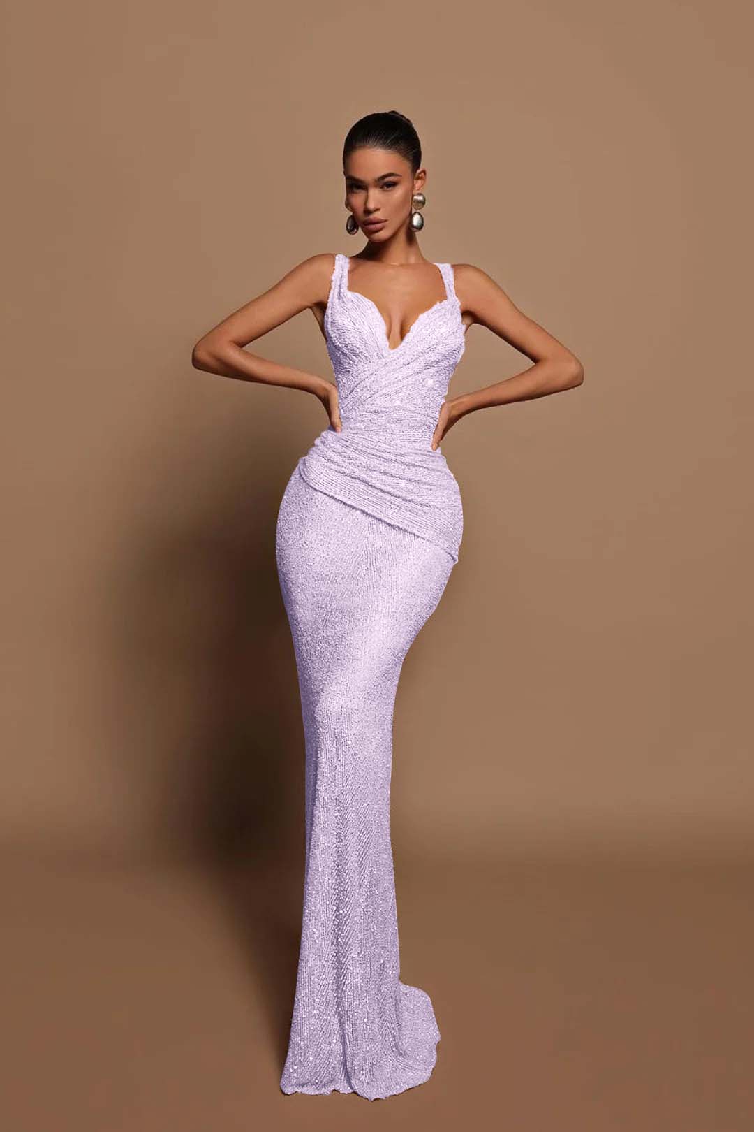 Sexy Pink Long Sequins Formal Dress V Neck Mermaid Sleeveless