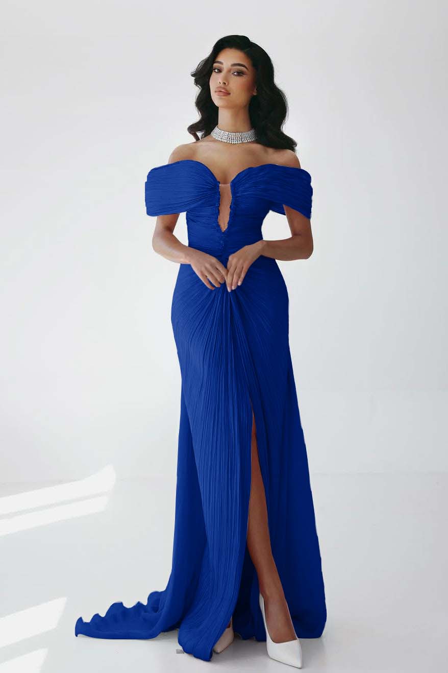 Off the Shoulder Sleeveless Long Mermaid Formal Dress With Ruffles Pleated