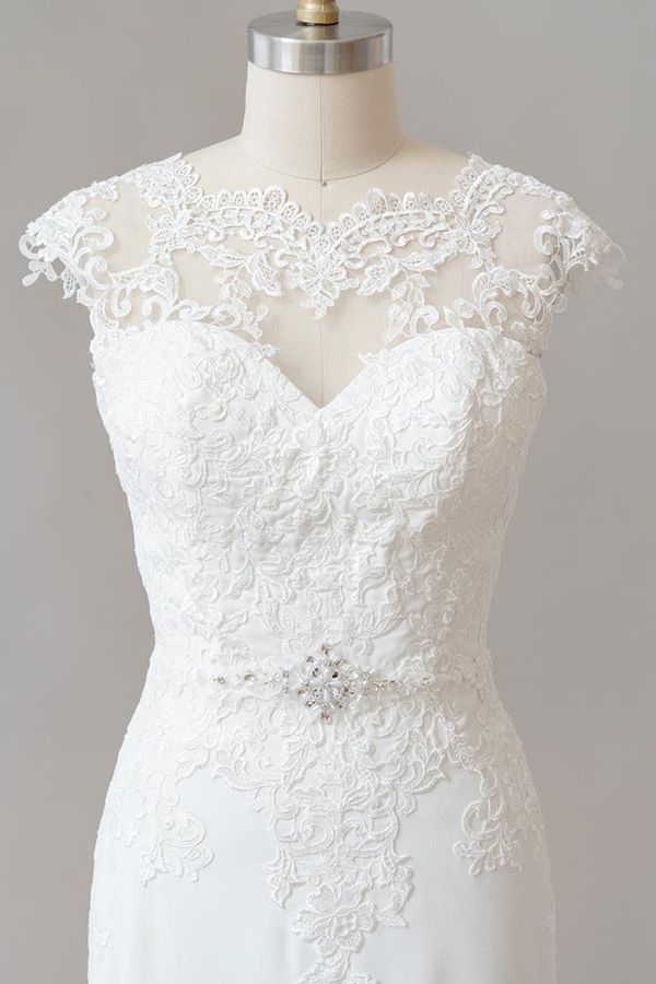 Cap Sleeve Illusion Lace Sheath Wedding Dress On Sale