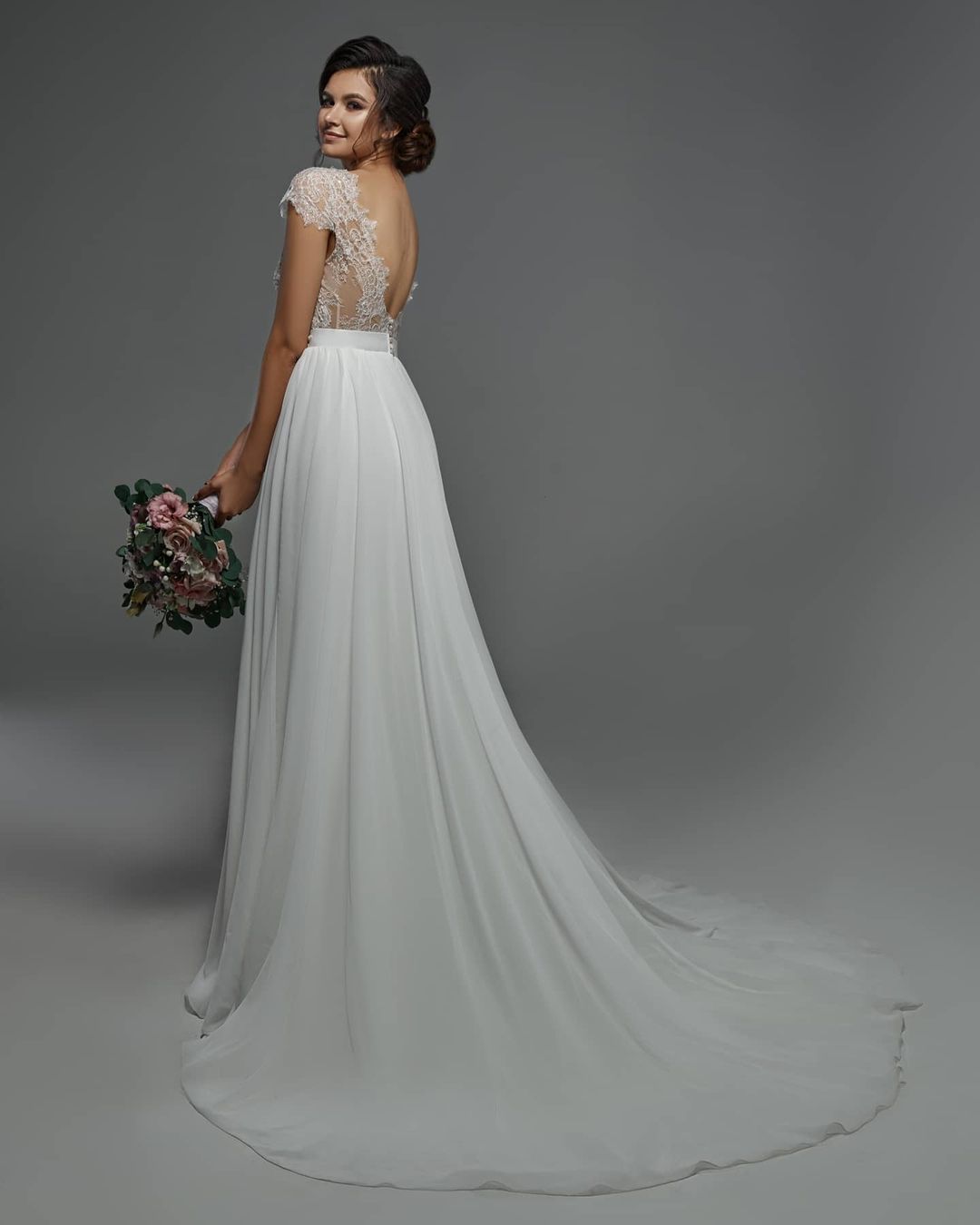 Cap Sleevels Lace Chiffon Wedding Dress Boho Bridal Gown