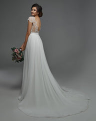 Cap Sleevels Lace Chiffon Wedding Dress Boho Bridal Gown