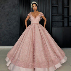 Cap Sleeves Ball Gown Prom Dress Pink With Pearls