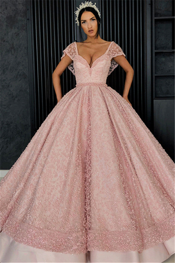 Cap Sleeves Ball Gown Prom Dress Pink With Pearls