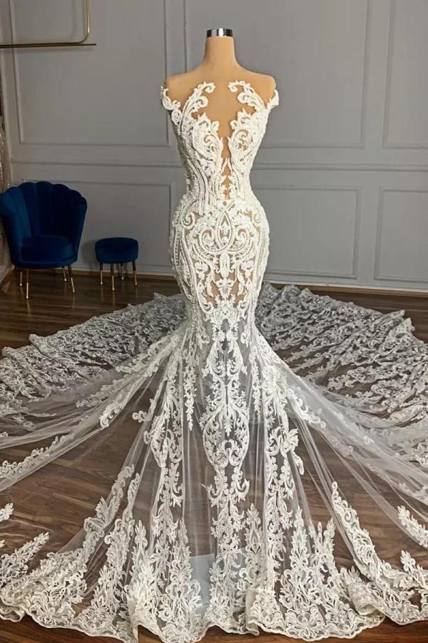 Cap Sleeves Lace Wedding Dress Mermaid Long On Sale
