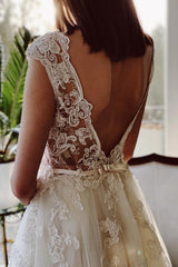 Cap Sleeves Tulle Wedding Dress Open Back With Appliques Long