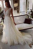 Cap Sleeves Tulle Wedding Dress Open Back With Appliques Long
