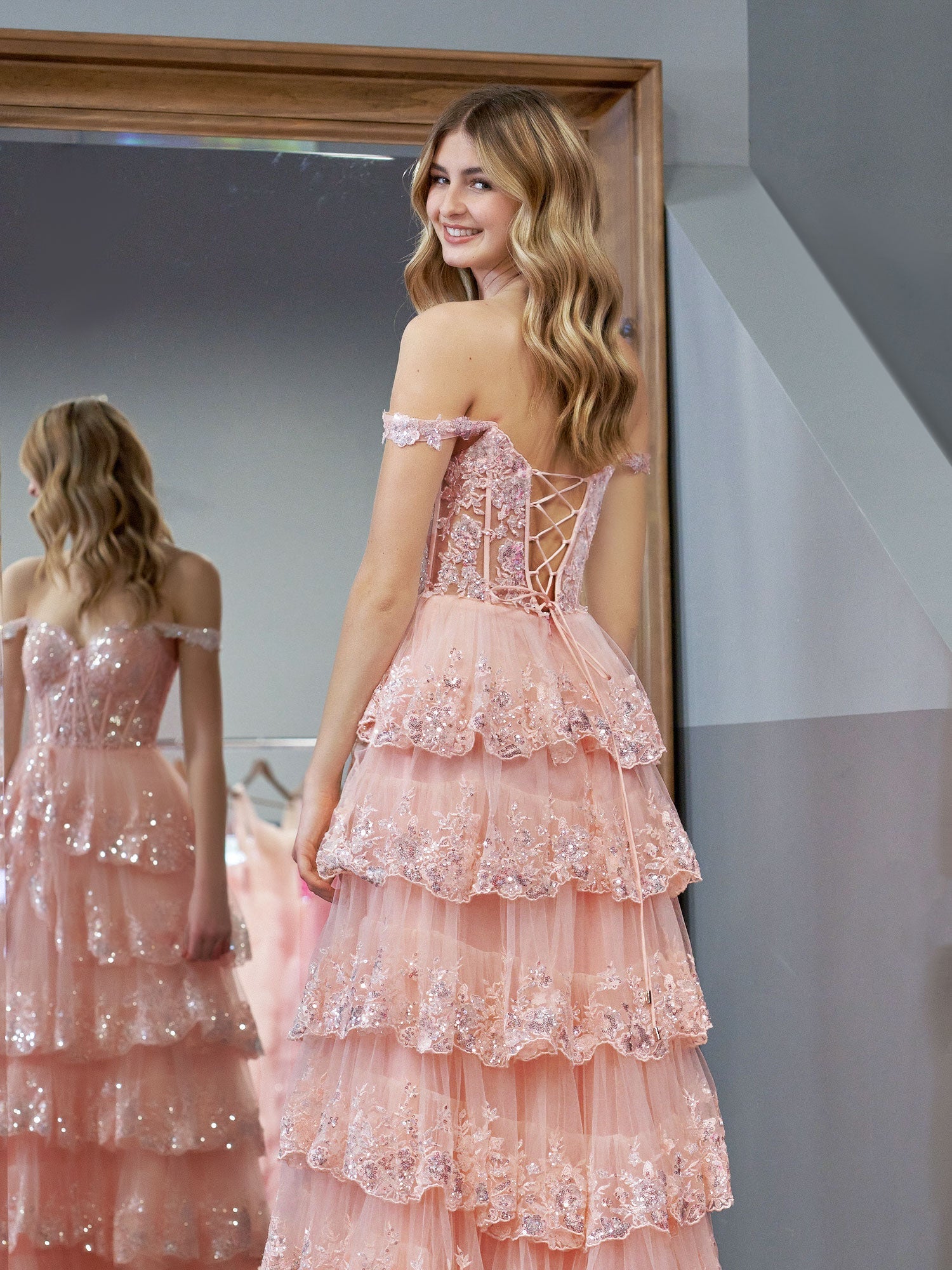 Pink Princess A-Line Off-Shoulder Corset Prom Dress with Lace and Ruffles