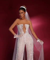 Newinlook Sexy Strapless Sleeveless White Sequins Jump Suit With Gloves