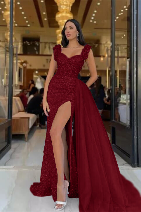 Newinlook Modern Slit Sky Blue Sweetheart Sequins Straps Mermaid Evening Dress Tulle With Detachable Ruffles