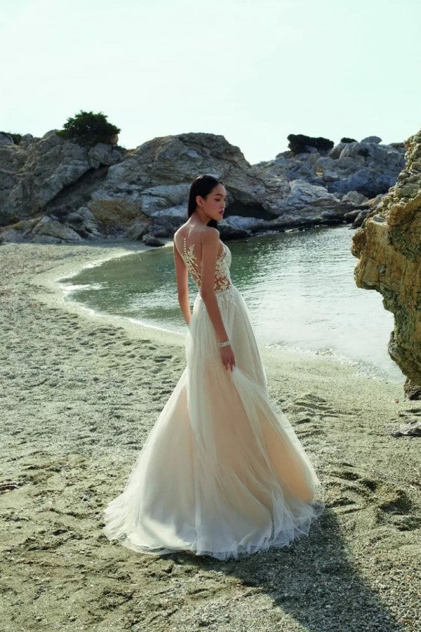 Champagne Beach Wedding Dress Tulle Long With Lace