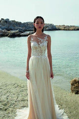 Champagne Beach Wedding Dress Tulle Long With Lace