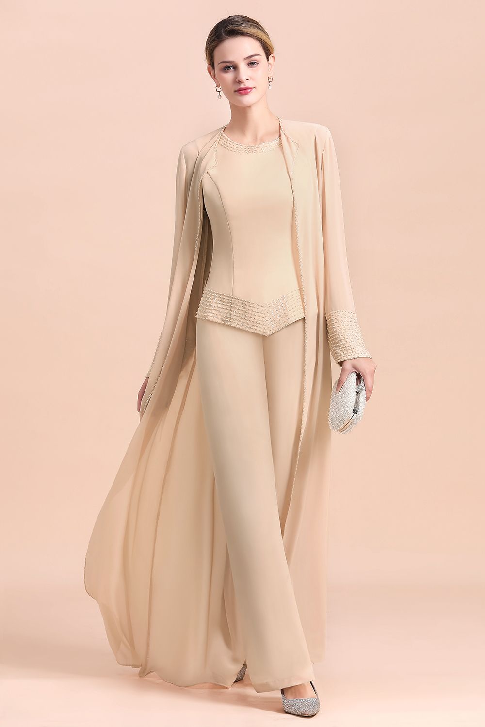 Champagne Long Chiffon Mother of the Bride Dress Two Pieces With Jacket