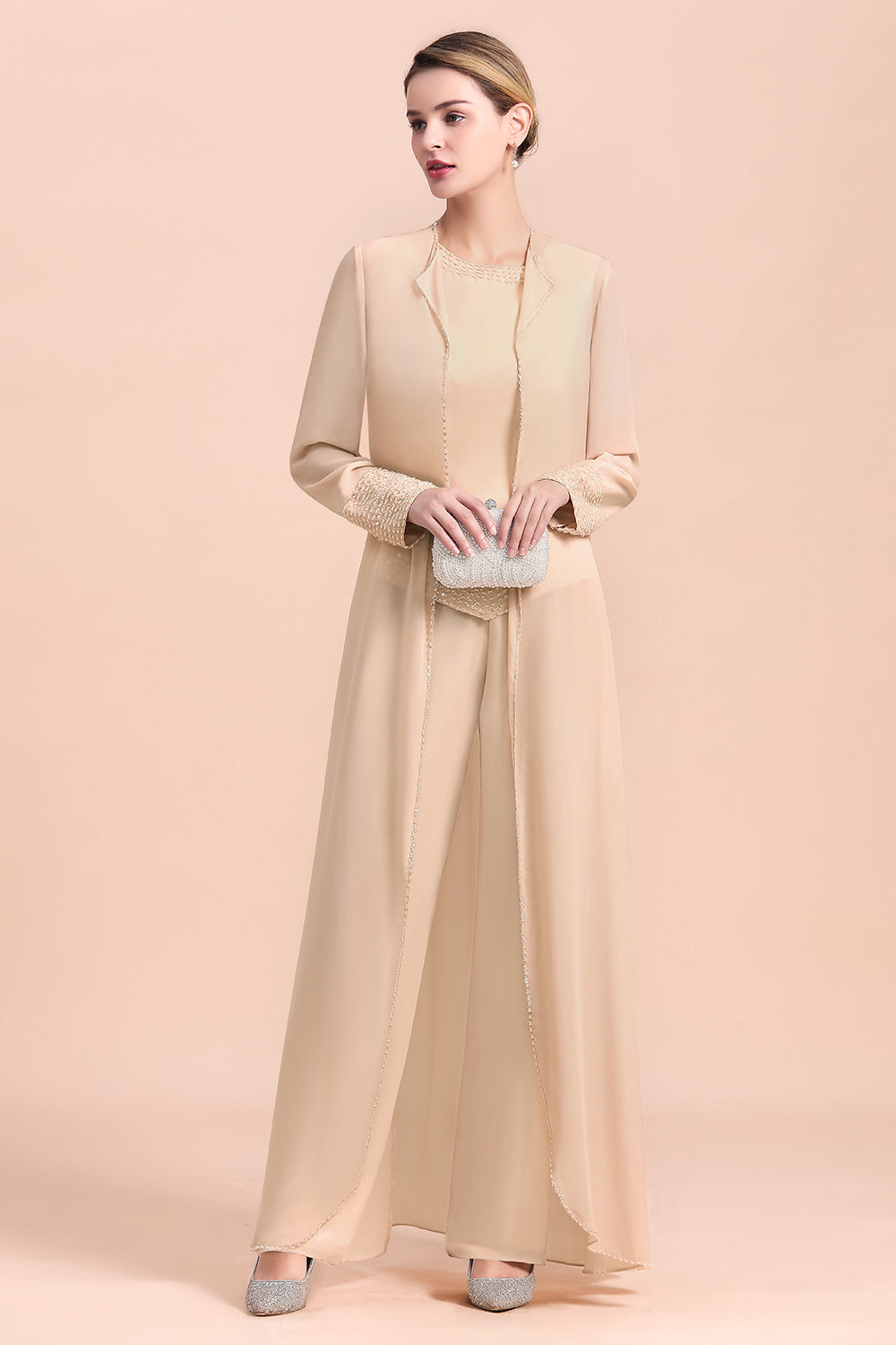 Champagne Long Chiffon Mother of the Bride Dress Two Pieces With Jacket