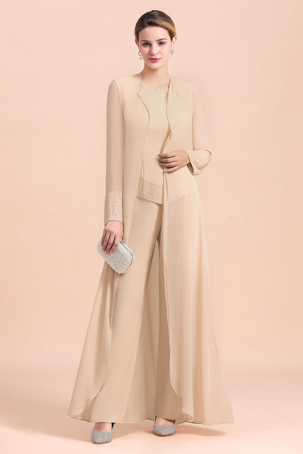 Champagne Long Chiffon Mother of the Bride Dress Two Pieces With Jacket