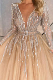 Champagne Long Sleeves Prom Dress Ball Gown Tulle With Beads