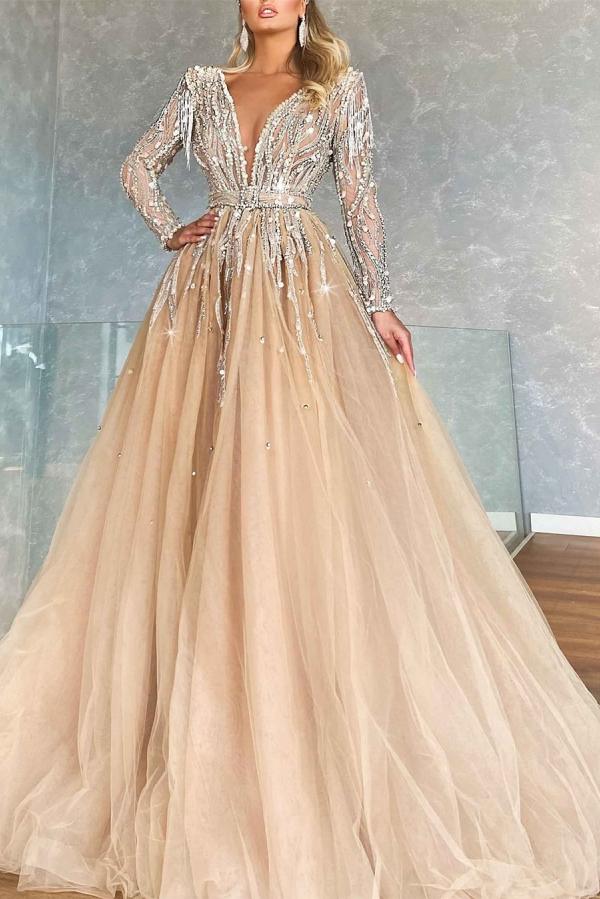Champagne Long Sleeves Prom Dress Ball Gown Tulle With Beads