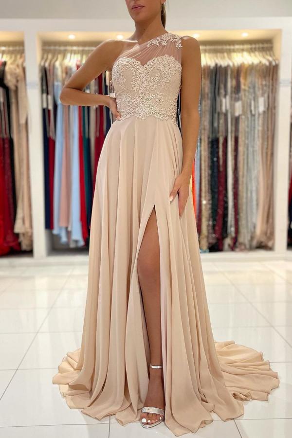 Champagne One Shoulder Prom Dress Split Long With Appliques