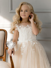 Champagne Shinning Sleeveless Ball Gown Flower Girls Dress With Lace