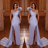 Charming Beadings Side Slit Evening Dress One Shoulder Satin Prom Dress with Cape
