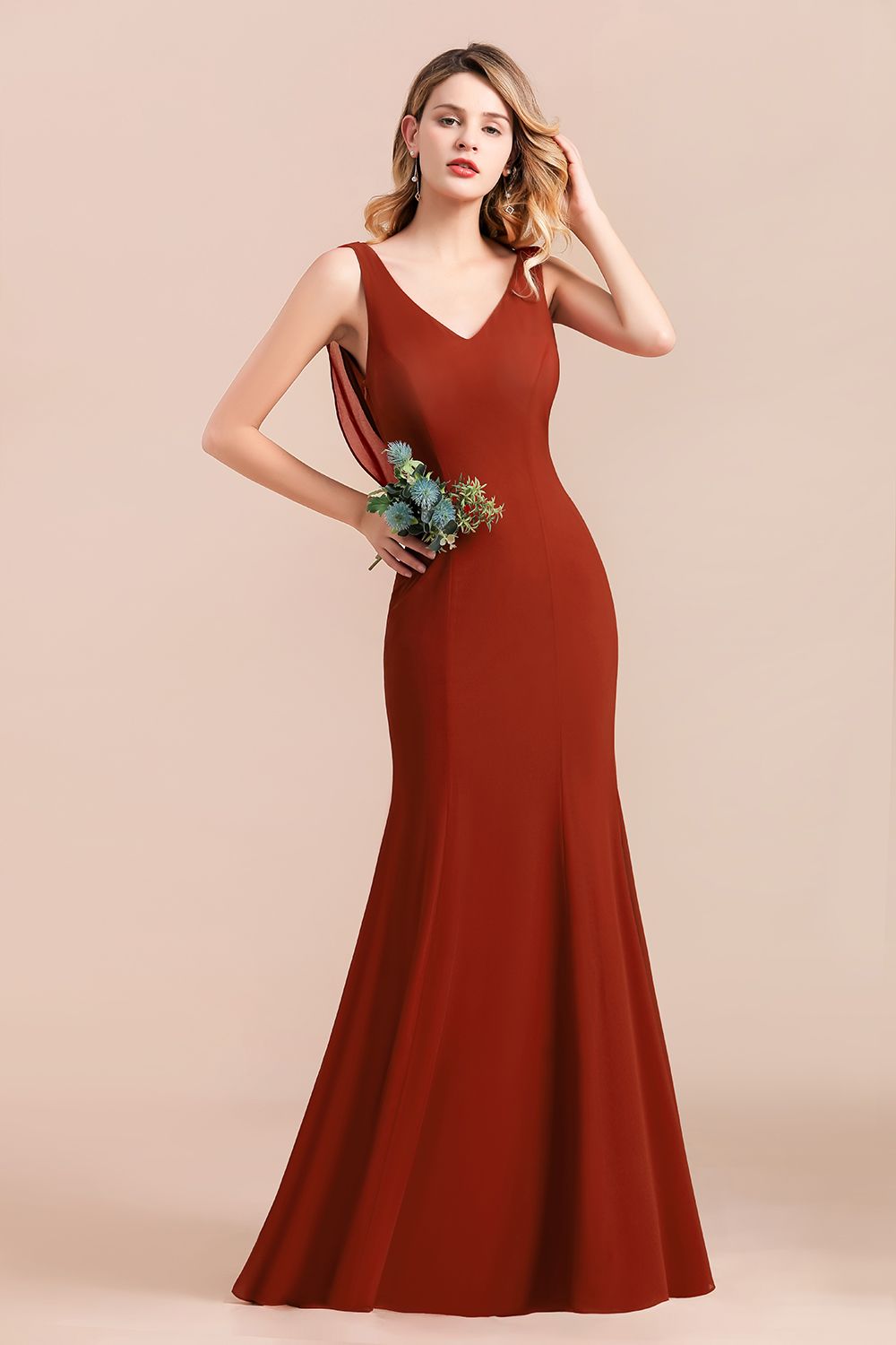 Charming Mermaid V-Neck Drapped Back Bridesmaid Dress Online