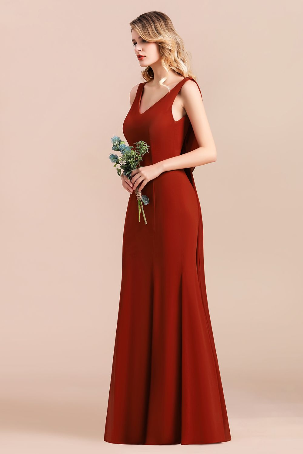 Charming Mermaid V-Neck Drapped Back Bridesmaid Dress Online