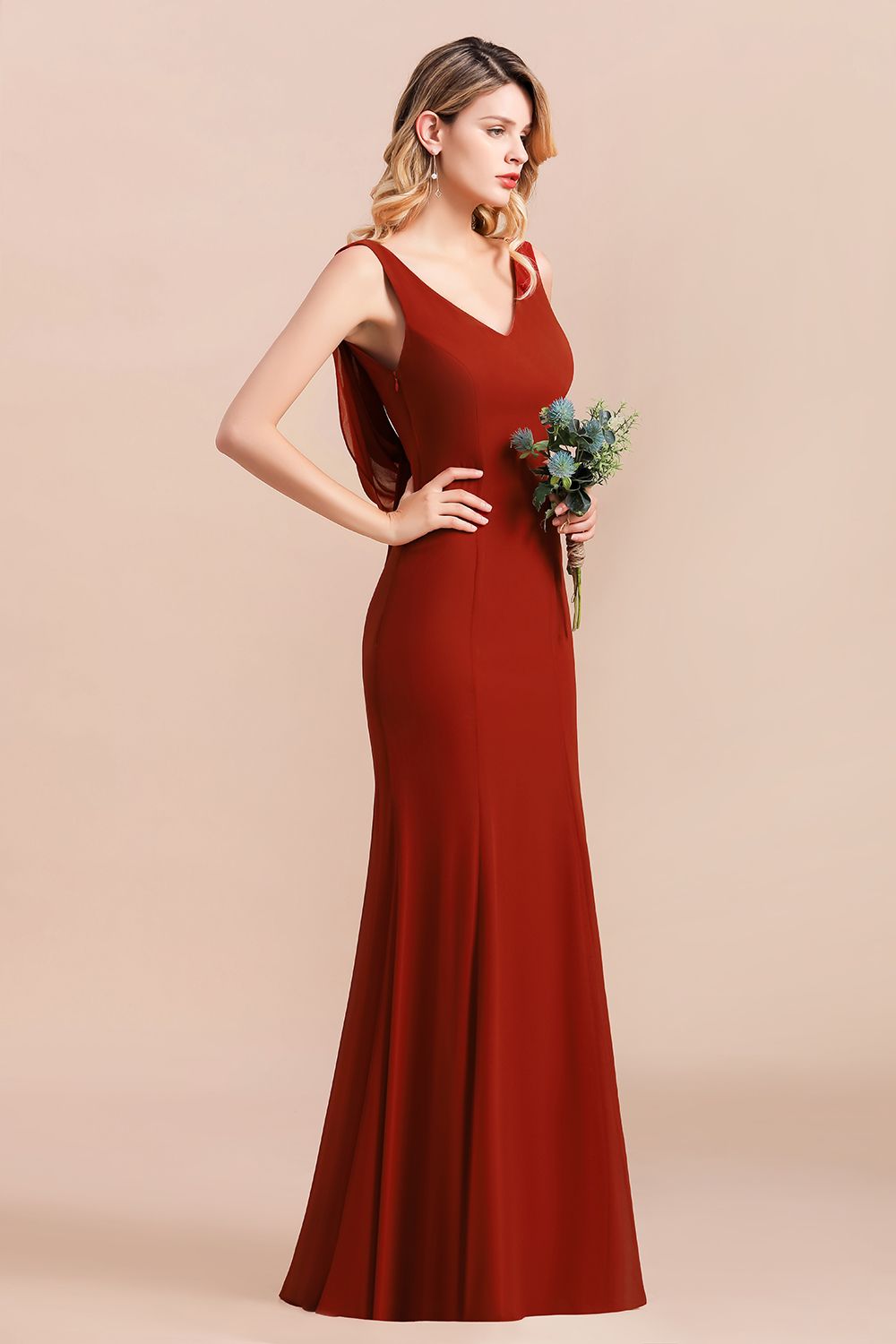 Charming Mermaid V-Neck Drapped Back Bridesmaid Dress Online