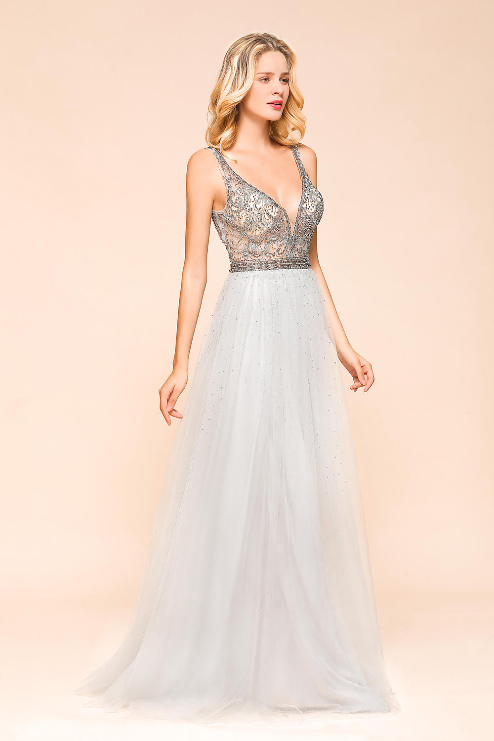 Charming V-Neck Tulle Long Prom Dress With Crystals On Sale