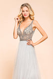 Charming V-Neck Tulle Long Prom Dress With Crystals On Sale