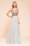 Charming V-Neck Tulle Long Prom Dress With Crystals On Sale