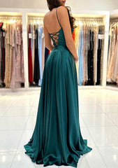 Chic A-Line Square Neckline Spaghetti Straps Sweep Train Charmeuse Prom Dress/Evening Dress with Split