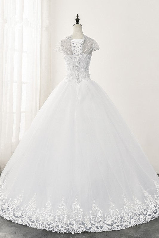 Chic Ball Gown Jewel White Tulle Lace Wedding Dress Short Sleeves Rhinestones Bridal Gowns Online