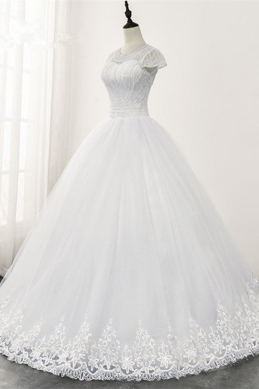 Chic Ball Gown Jewel White Tulle Lace Wedding Dress Short Sleeves Rhinestones Bridal Gowns Online