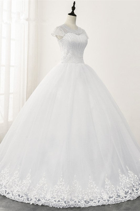 Chic Ball Gown Jewel White Tulle Lace Wedding Dress Short Sleeves Rhinestones Bridal Gowns Online