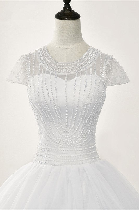 Chic Ball Gown Jewel White Tulle Lace Wedding Dress Short Sleeves Rhinestones Bridal Gowns Online