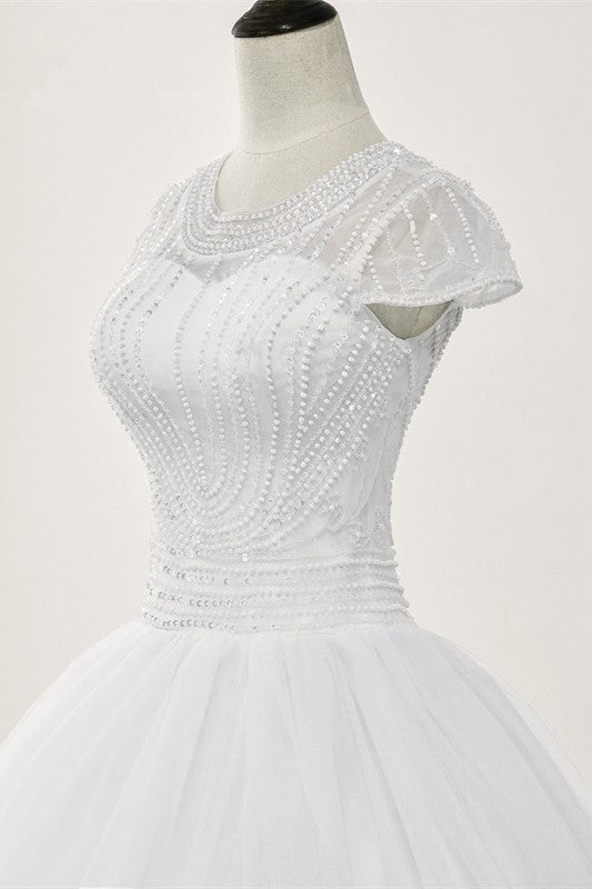 Chic Ball Gown Jewel White Tulle Lace Wedding Dress Short Sleeves Rhinestones Bridal Gowns Online