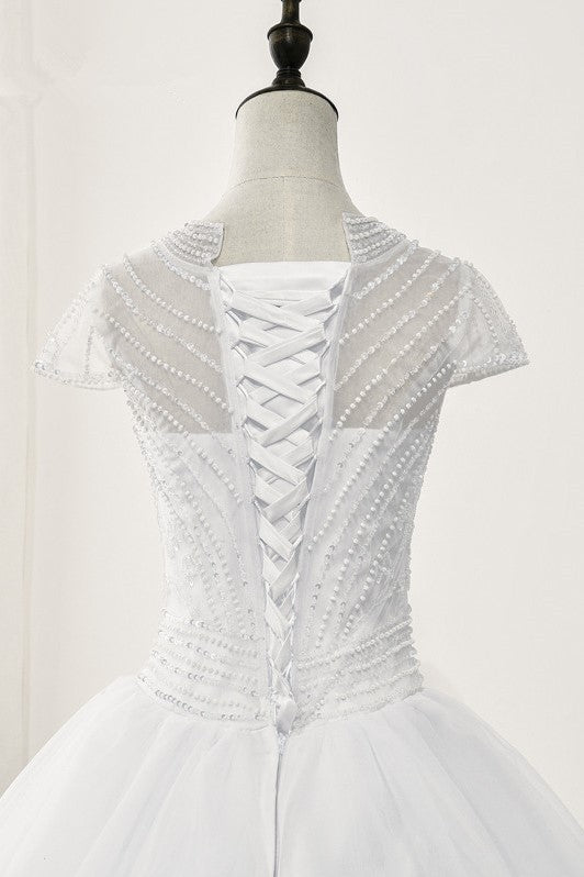 Chic Ball Gown Jewel White Tulle Lace Wedding Dress Short Sleeves Rhinestones Bridal Gowns Online