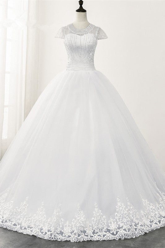 Chic Ball Gown Jewel White Tulle Lace Wedding Dress Short Sleeves Rhinestones Bridal Gowns Online