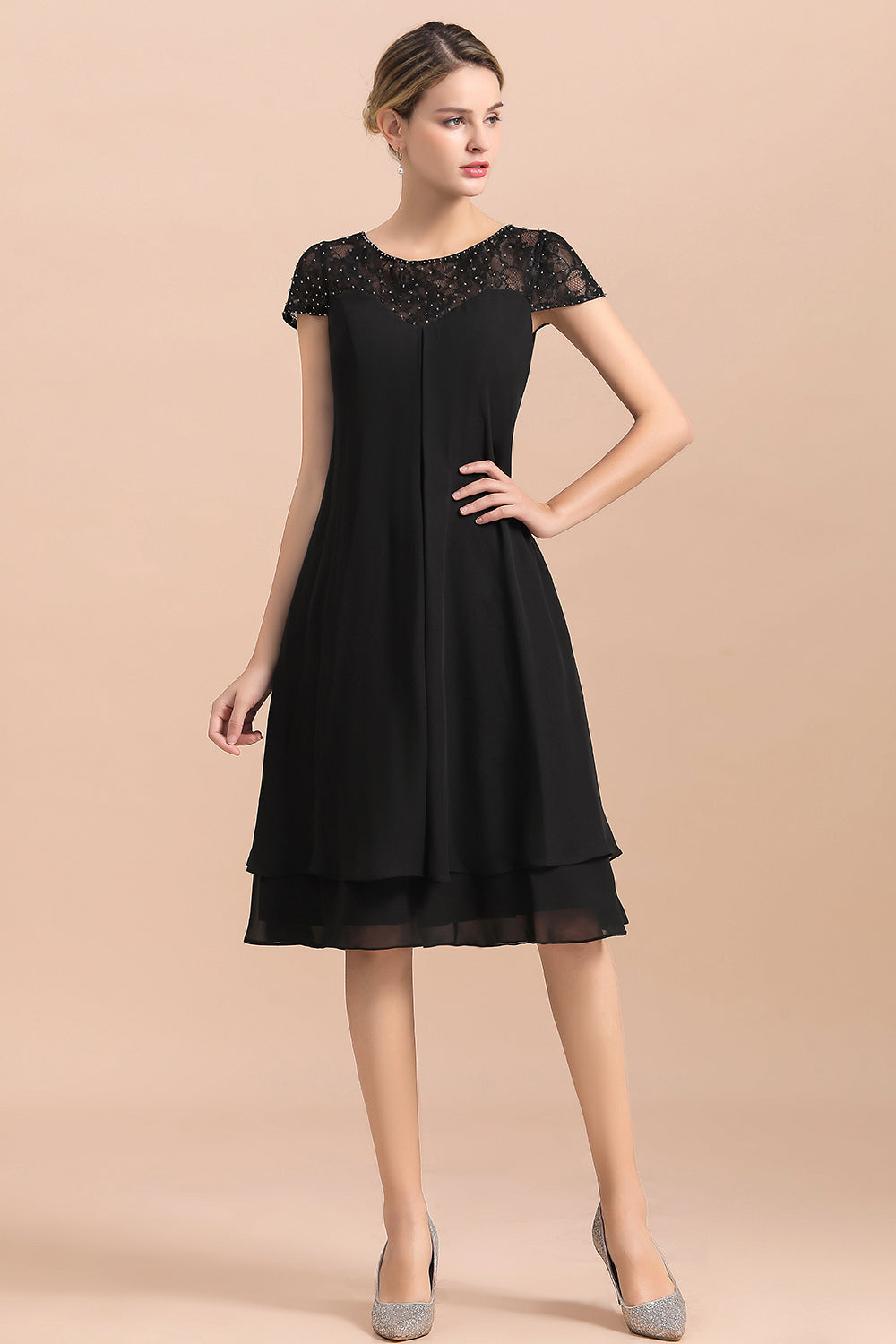 Chic Black Cap Sleeve Mother of Bride Dress Chiffon Short Wedding Party Gowns