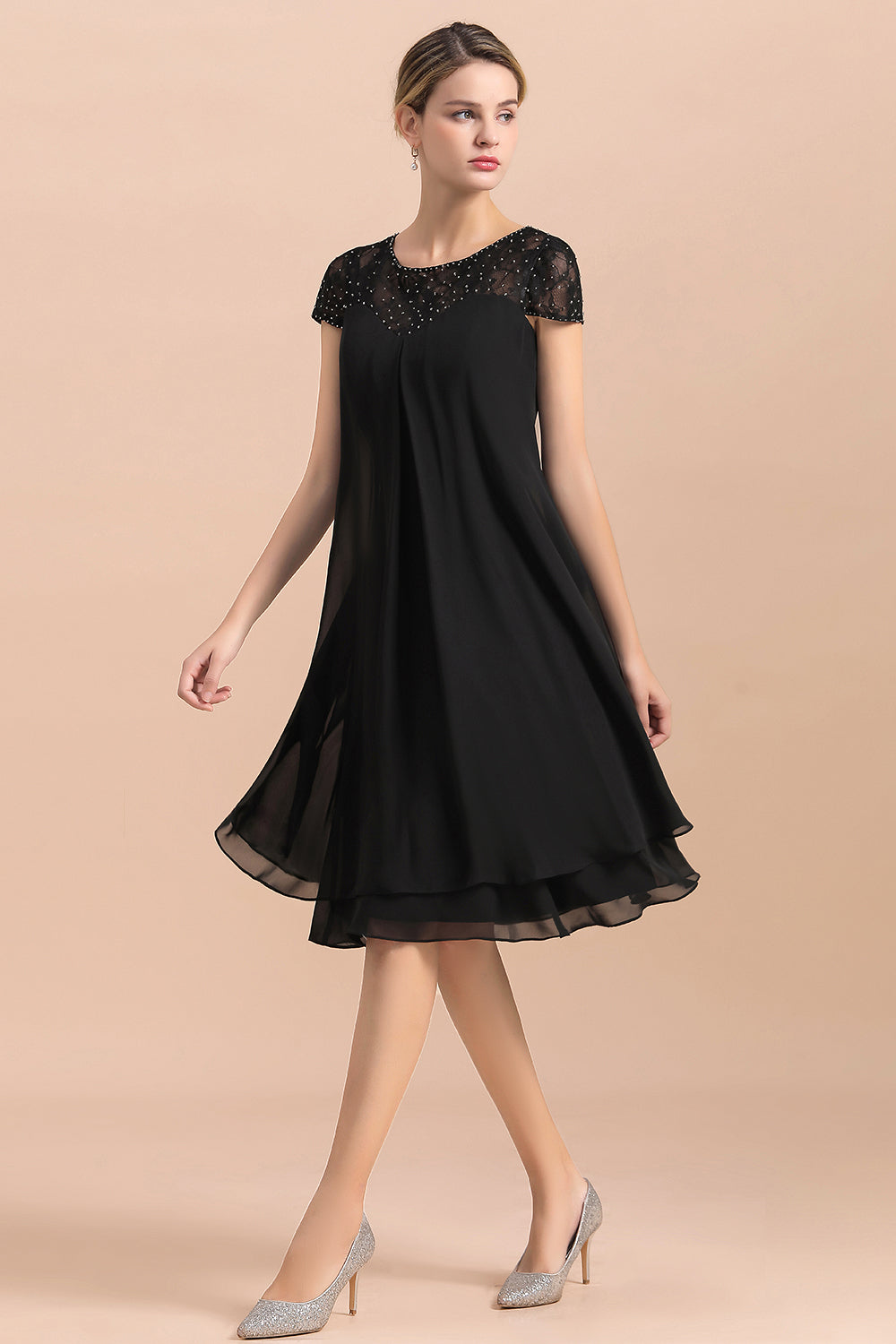 Chic Black Cap Sleeve Mother of Bride Dress Chiffon Short Wedding Party Gowns