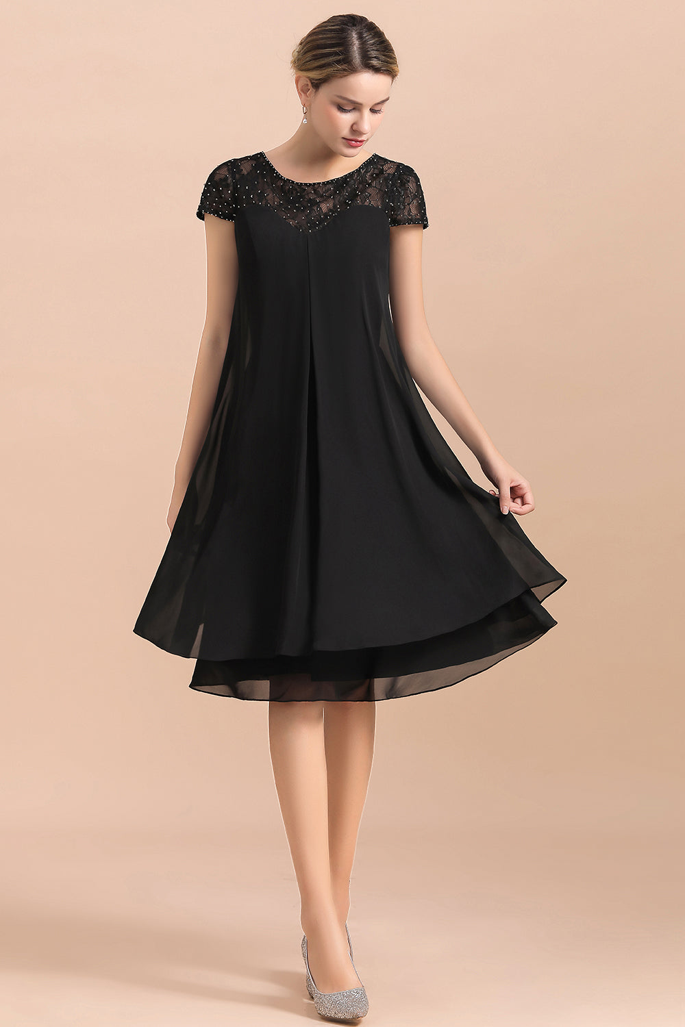 Chic Black Cap Sleeve Mother of Bride Dress Chiffon Short Wedding Party Gowns