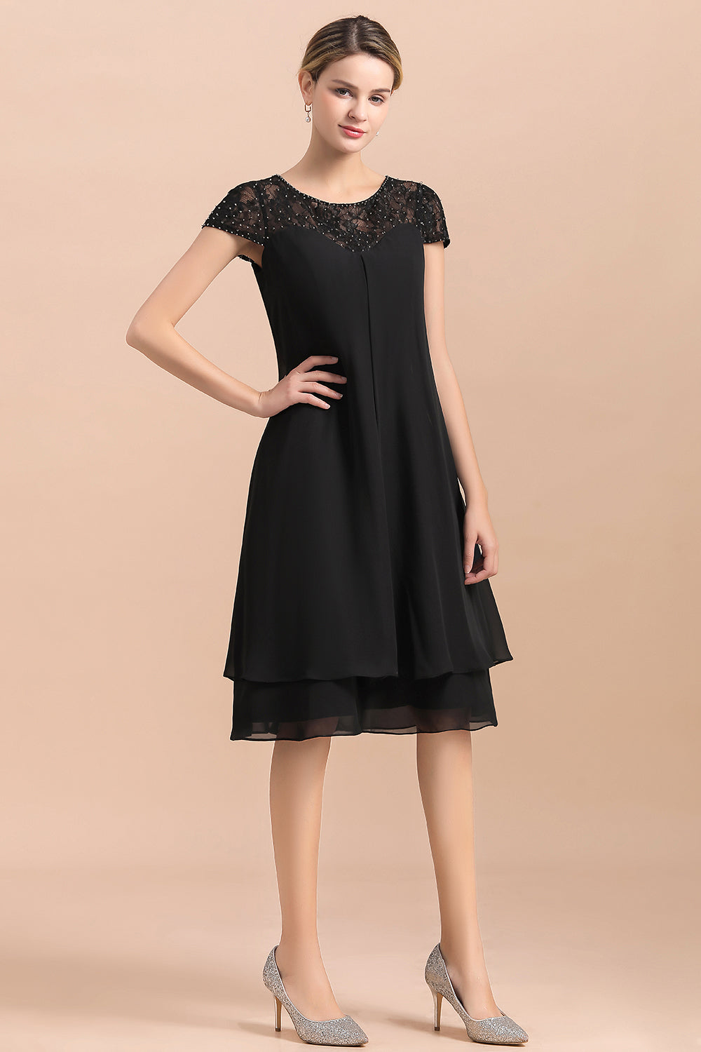 Chic Black Cap Sleeve Mother of Bride Dress Chiffon Short Wedding Party Gowns