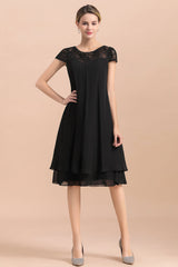 Chic Black Cap Sleeve Mother of Bride Dress Chiffon Short Wedding Party Gowns