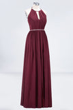 Chic Burgundy Halter Long Backless Bridesmaid Dress with Beadings
