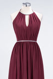 Chic Burgundy Halter Long Backless Bridesmaid Dress with Beadings
