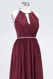Chic Burgundy Halter Long Backless Bridesmaid Dress with Beadings